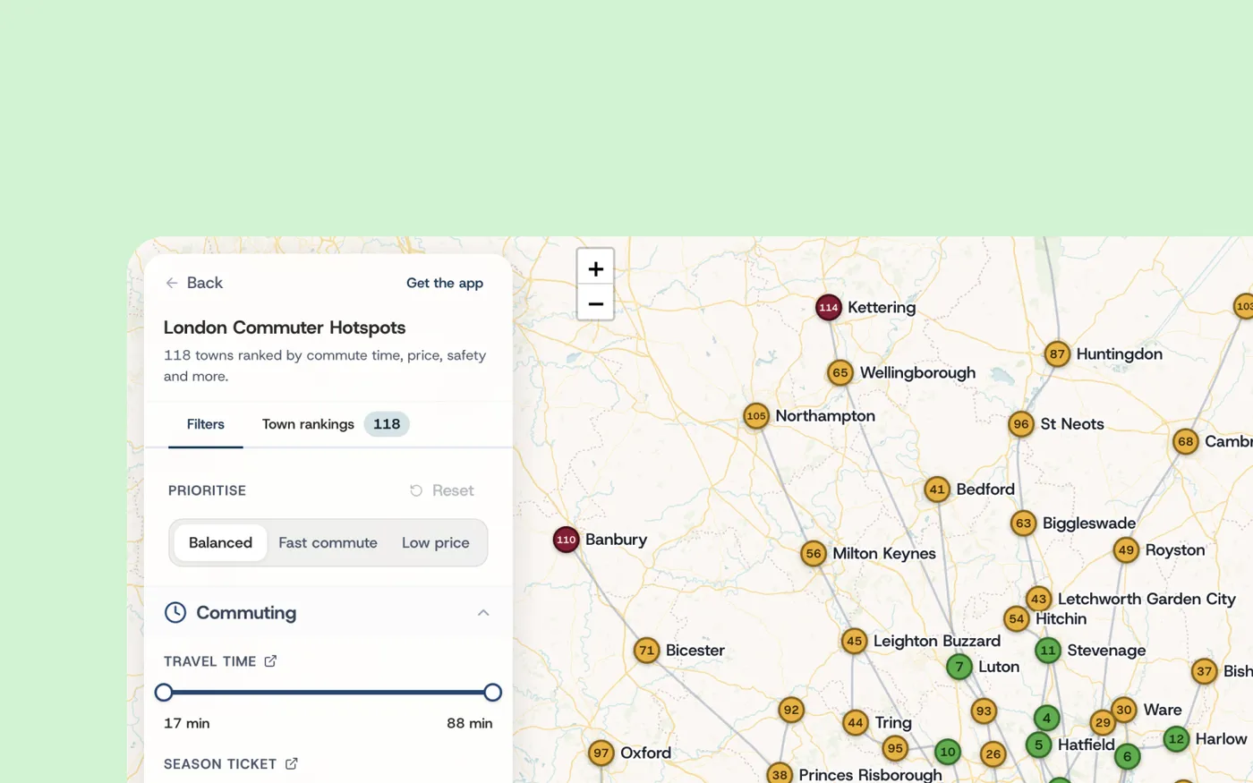 The Rightroute commuter hotspots tool, its filters panel open beside a map of scored London commuter towns